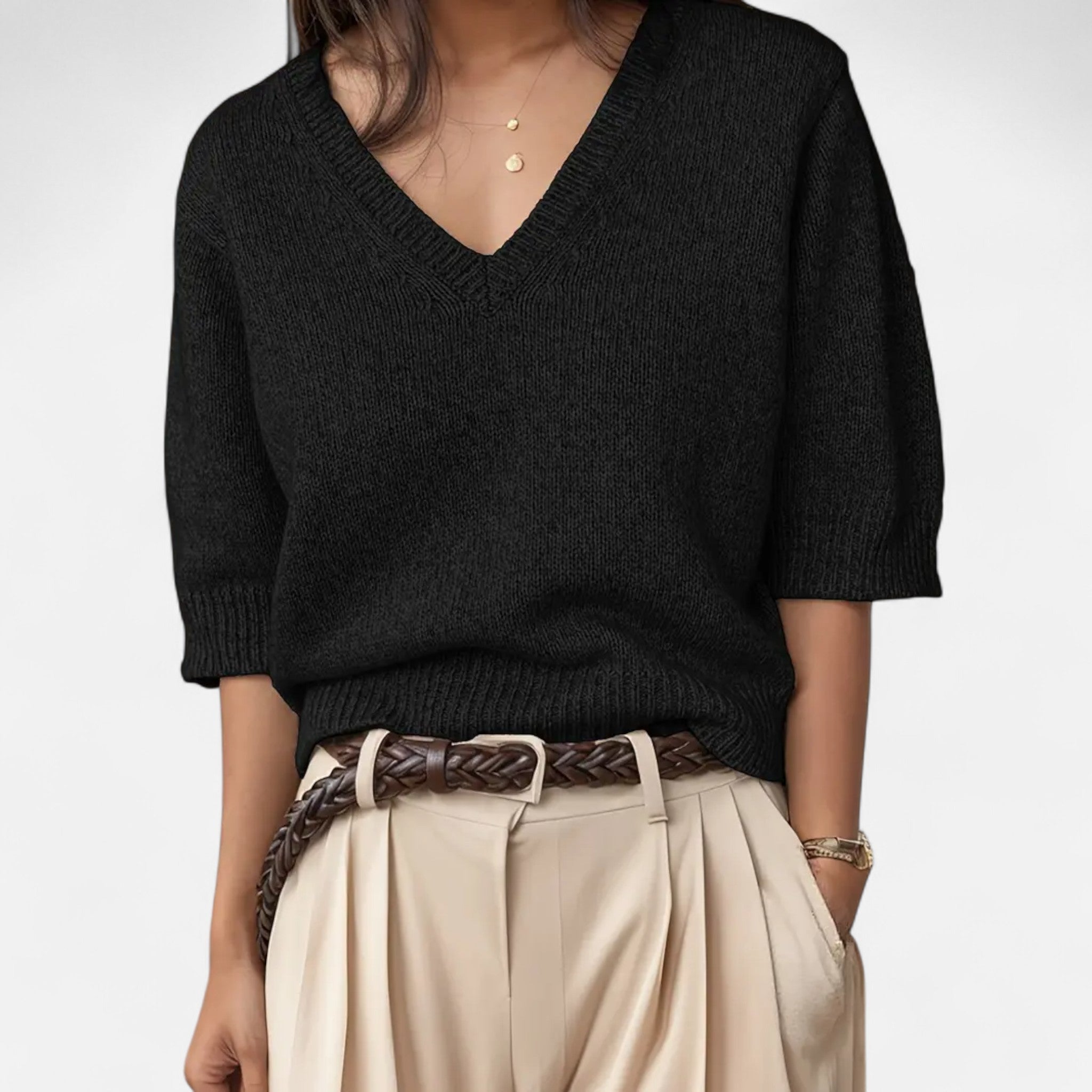 Solènne | Women’s V-Neck Rib-Knit Short-Sleeve Sweater