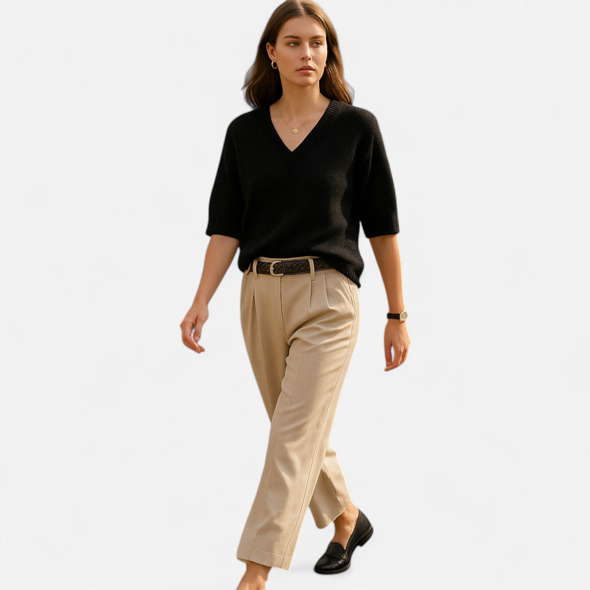 Solenne | Women’s V-Neck Rib-Knit Short-Sleeve Sweater