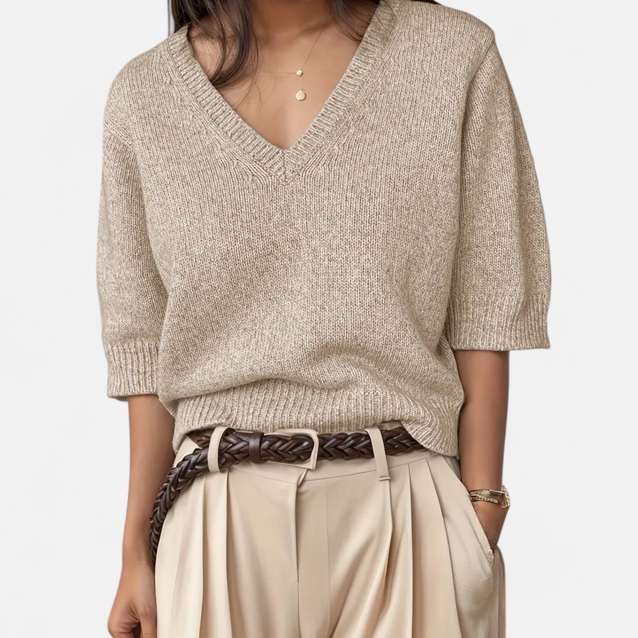 Solènne | Women’s V-Neck Rib-Knit Short-Sleeve Sweater