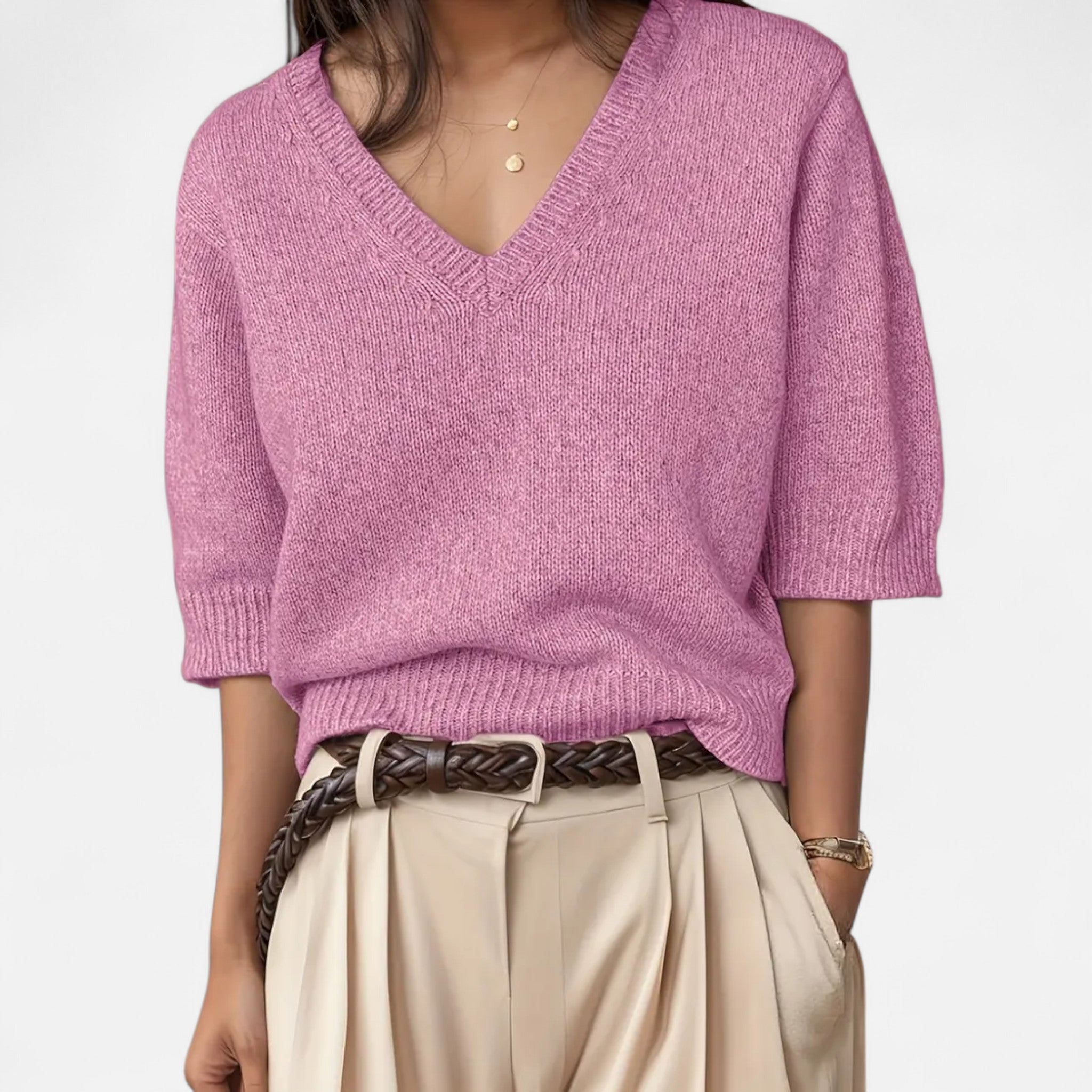 Solènne | Women’s V-Neck Rib-Knit Short-Sleeve Sweater