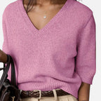 Solènne | Women’s V-Neck Rib-Knit Short-Sleeve Sweater
