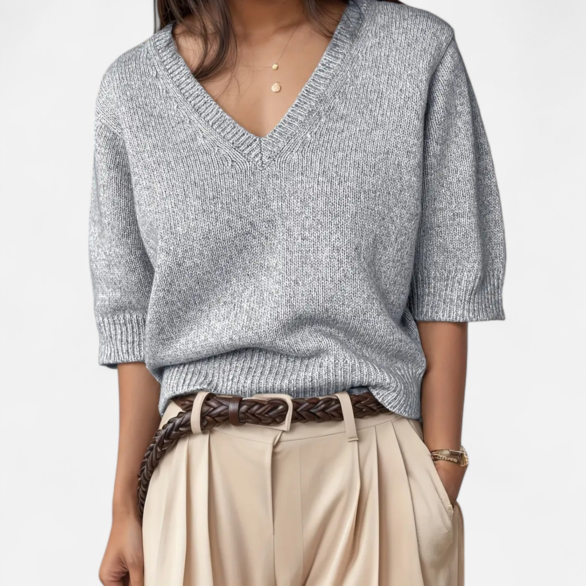Solènne | Women’s V-Neck Rib-Knit Short-Sleeve Sweater
