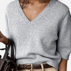 Solènne | Women’s V-Neck Rib-Knit Short-Sleeve Sweater