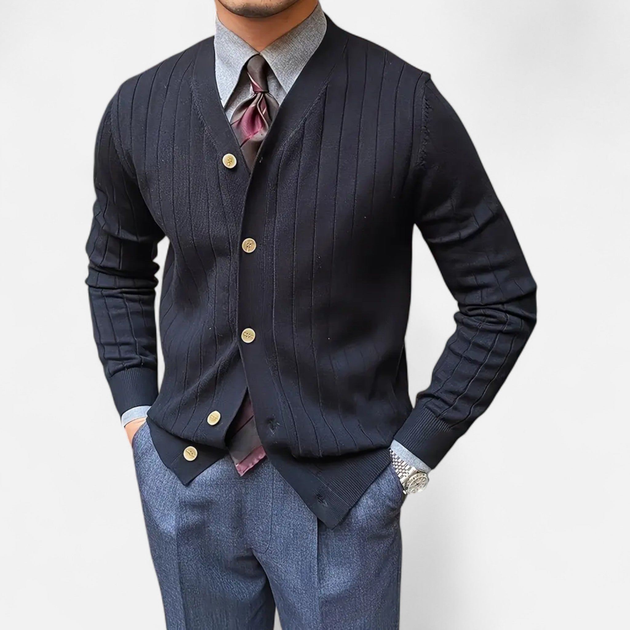 Solènne | Men’s Wool V-Neck Button-Front Cardigan